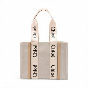 Chloe Woody Canvas Leather Tote Bag Beige